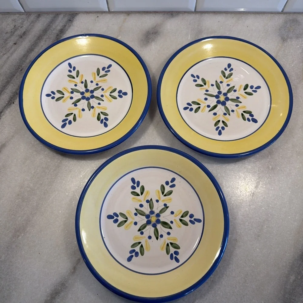 SET OF 3 SOLIMAR PIER 1 SALAD PLATES BLUE FLOWERS‎ AND YELLOW BAND GW994